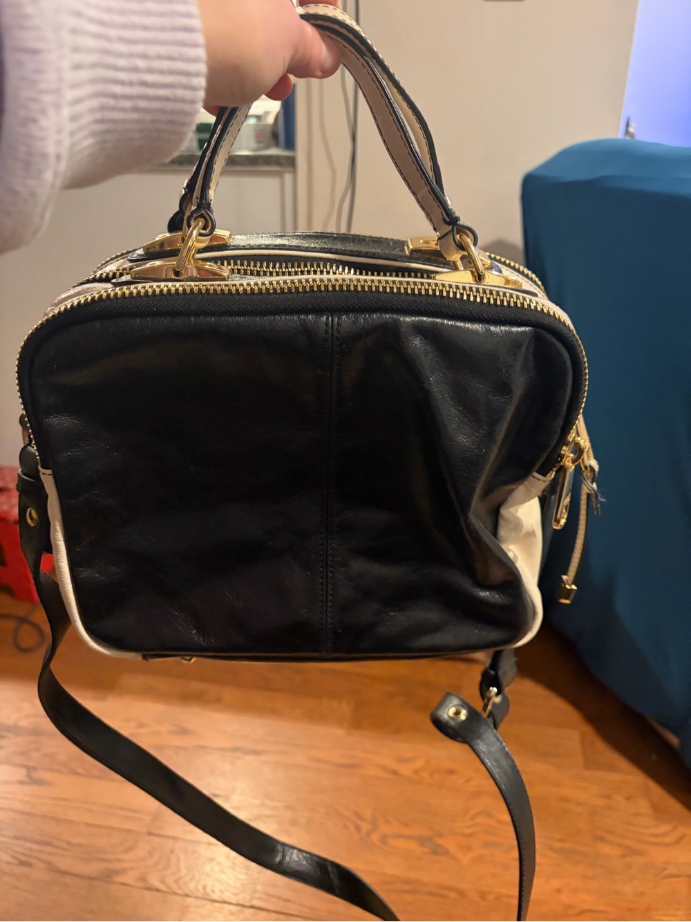 Badgley Mischka Black Leather Tag with Gold Logo Plate